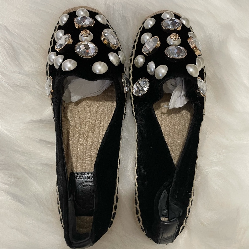 Tory Burch Vail Embellished Velvet Espadrille Flat